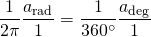 \dfrac{1}{2\pi}\dfrac{a_{\mathrm{rad}}}{1} = \dfrac{1}{360^\circ}\dfrac{a_{\mathrm{deg}}}{1}